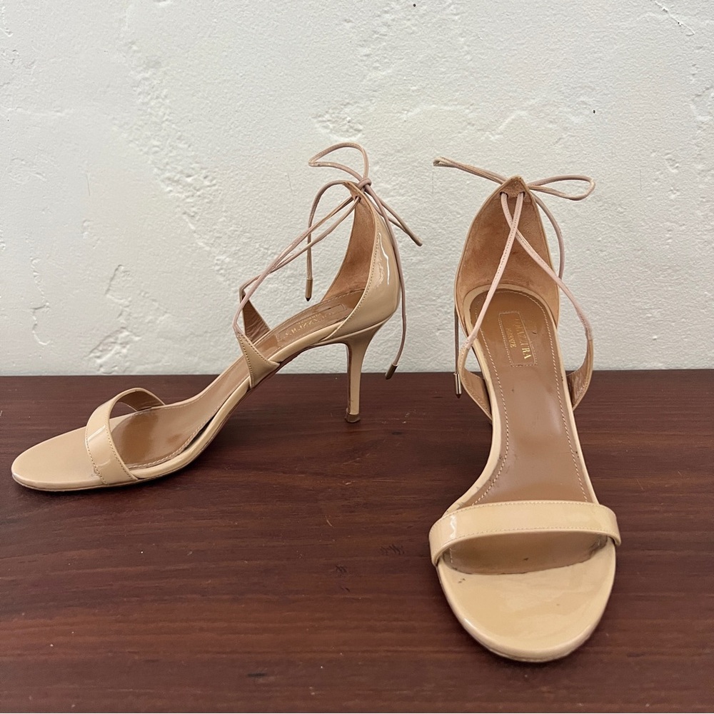 Aquazzura Firenze nude tan open toe patent leather lace up tie sandal heels 39 9